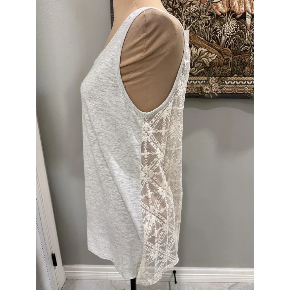 Mystree Tank Top Womens Small Gray Scoop Neck Lace Back Floral Embroidered Sheer
